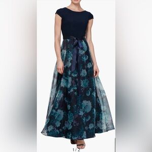 SLNY Navy Bodice Teal Floral Maxi Dress